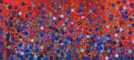 'Soap Bubbles Blue Magenta on Red' - 2010, Oil on Canvas, 200x100 cm